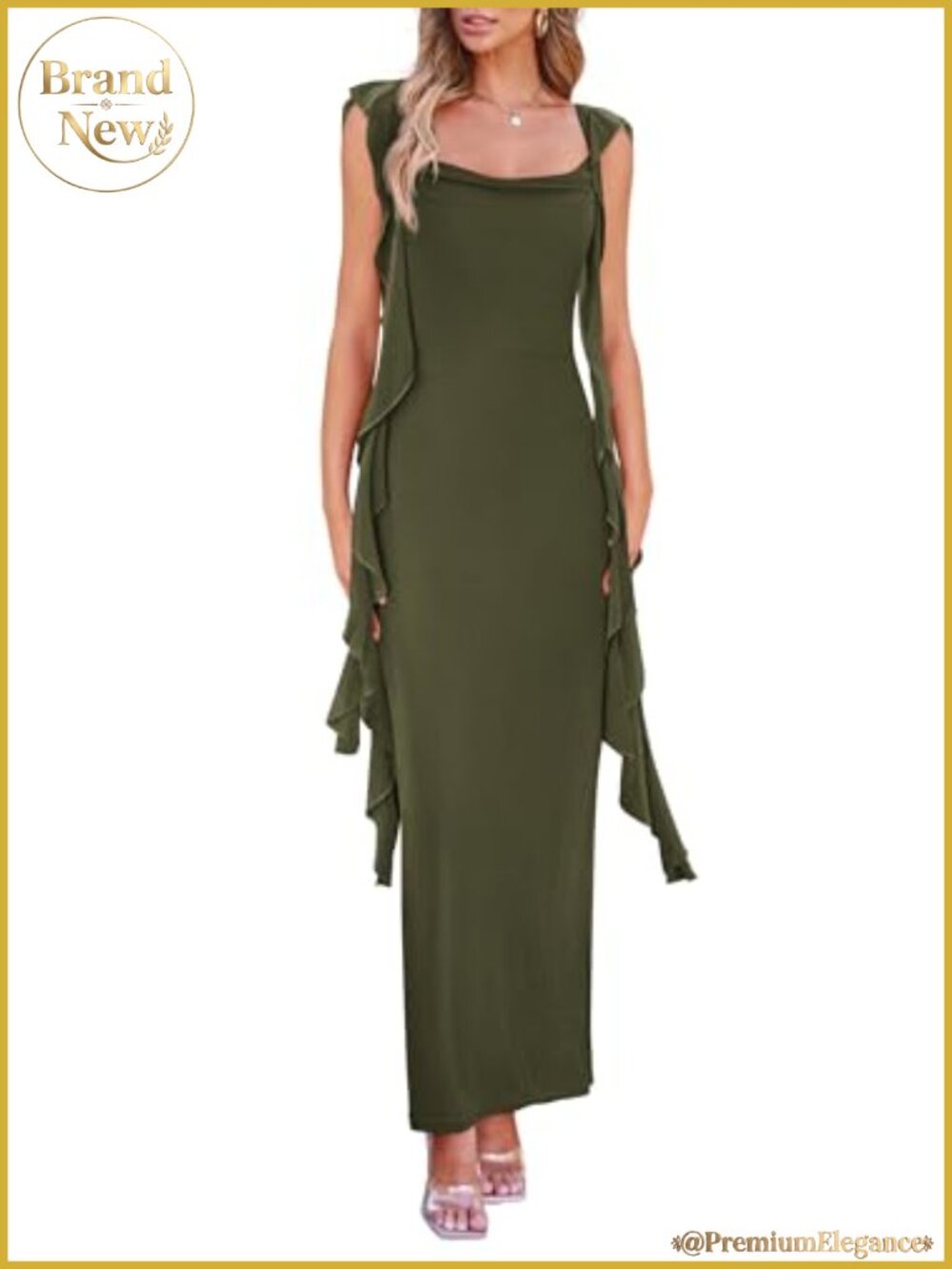 PRETTYGARDEN Women's Ruffle Bodycon Maxi Dress Cap Sleeve Sweetheart Neck